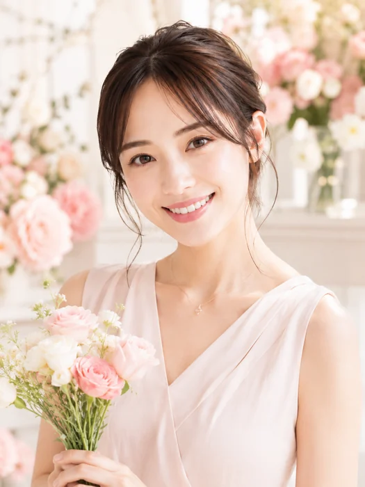 花束を手に柔らかく微笑む女性